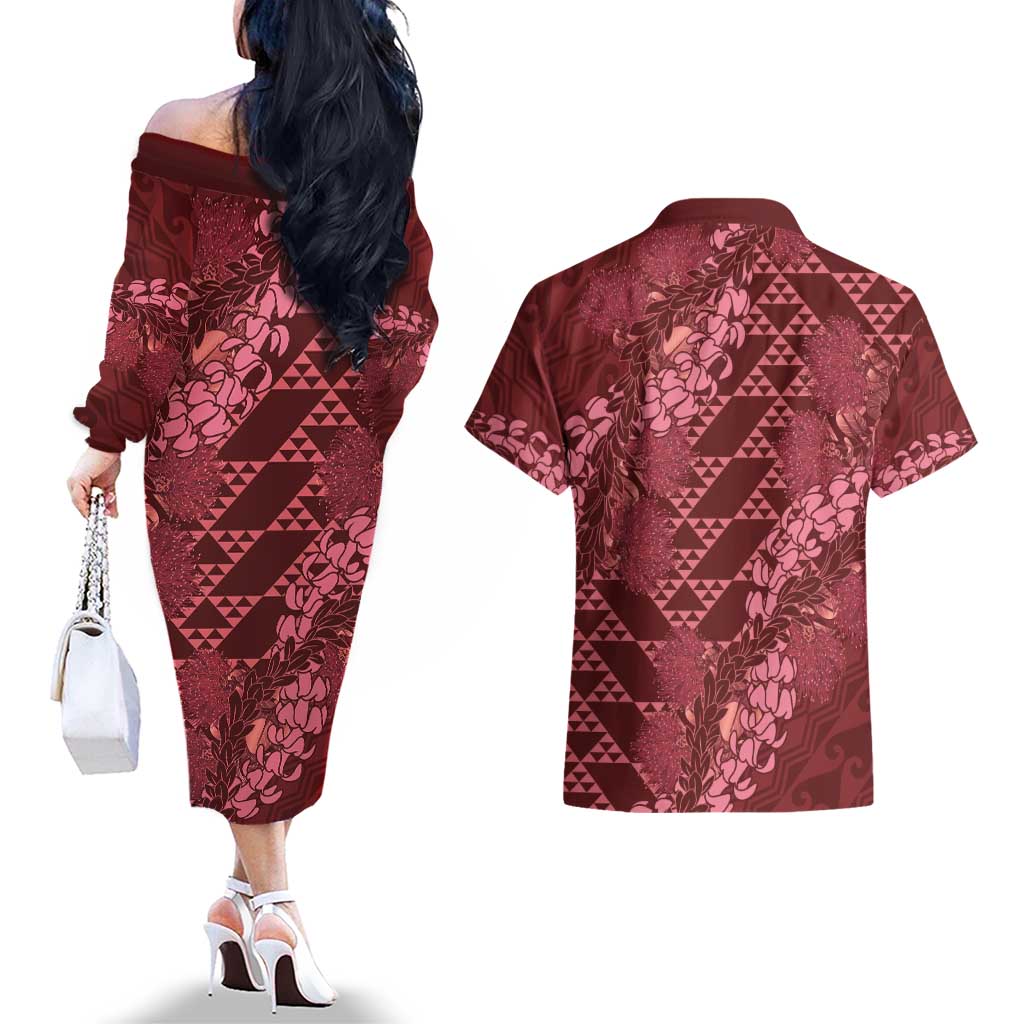 Maroon Aloha Hawaii Couples Matching Off The Shoulder Long Sleeve Dress and Hawaiian Shirt Hawaiian Kakau Ohia Lehua Lei LT14 - Polynesian Pride