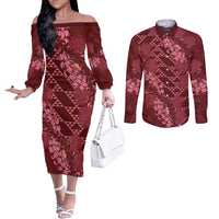 Maroon Aloha Hawaii Couples Matching Off The Shoulder Long Sleeve Dress and Long Sleeve Button Shirt Hawaiian Kakau Ohia Lehua Lei LT14 Maroon - Polynesian Pride