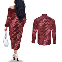 Maroon Aloha Hawaii Couples Matching Off The Shoulder Long Sleeve Dress and Long Sleeve Button Shirt Hawaiian Kakau Ohia Lehua Lei LT14 - Polynesian Pride
