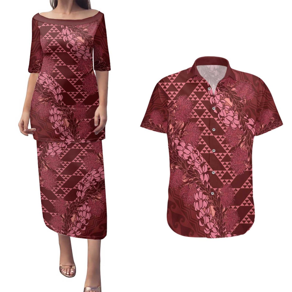 Maroon Aloha Hawaii Couples Matching Puletasi and Hawaiian Shirt Hawaiian Kakau Ohia Lehua Lei LT14 Maroon - Polynesian Pride