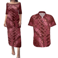 Maroon Aloha Hawaii Couples Matching Puletasi and Hawaiian Shirt Hawaiian Kakau Ohia Lehua Lei LT14 Maroon - Polynesian Pride