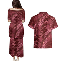 Maroon Aloha Hawaii Couples Matching Puletasi and Hawaiian Shirt Hawaiian Kakau Ohia Lehua Lei LT14 - Polynesian Pride