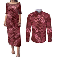 Maroon Aloha Hawaii Couples Matching Puletasi and Long Sleeve Button Shirt Hawaiian Kakau Ohia Lehua Lei - Polynesian Pride