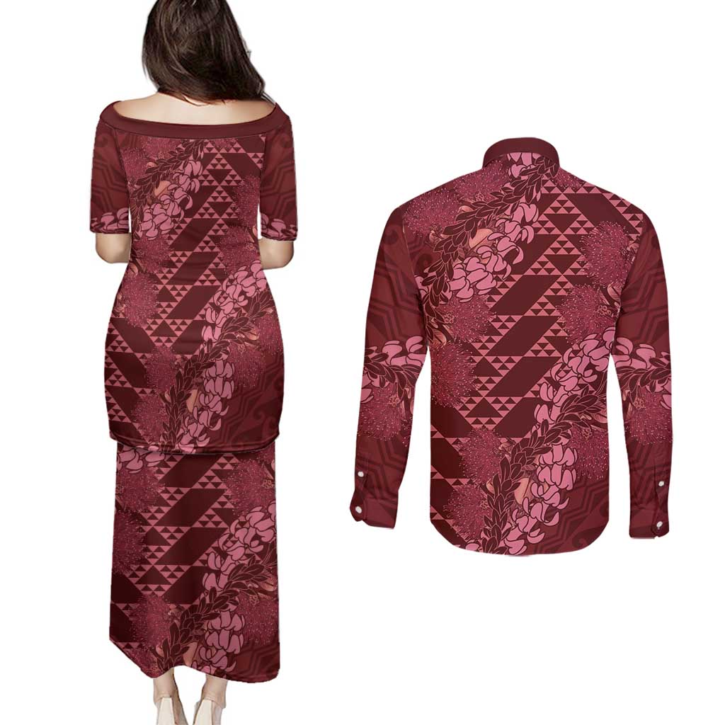 Maroon Aloha Hawaii Couples Matching Puletasi and Long Sleeve Button Shirt Hawaiian Kakau Ohia Lehua Lei - Polynesian Pride