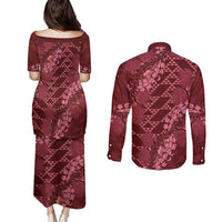 Maroon Aloha Hawaii Couples Matching Puletasi and Long Sleeve Button Shirt Hawaiian Kakau Ohia Lehua Lei - Polynesian Pride
