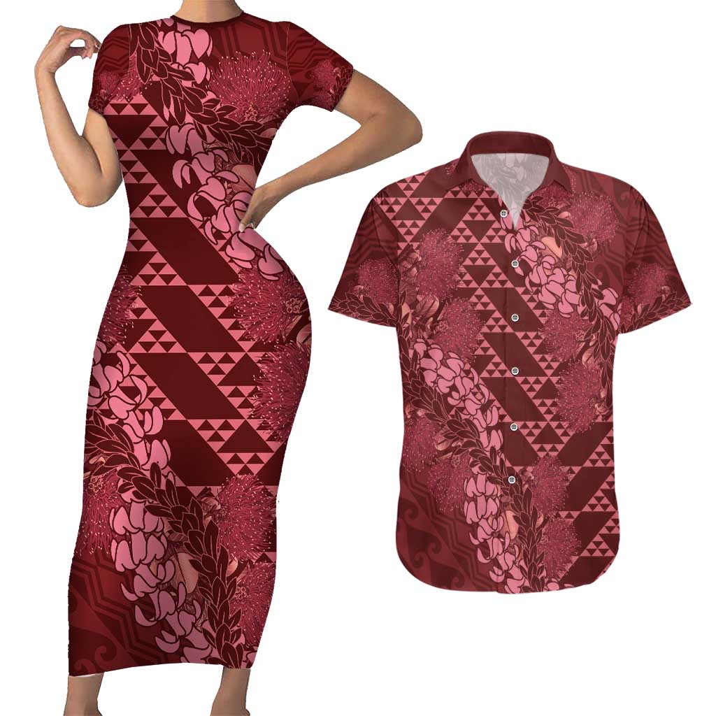 Maroon Aloha Hawaii Couples Matching Short Sleeve Bodycon Dress and Hawaiian Shirt Hawaiian Kakau Ohia Lehua Lei LT14 Maroon - Polynesian Pride