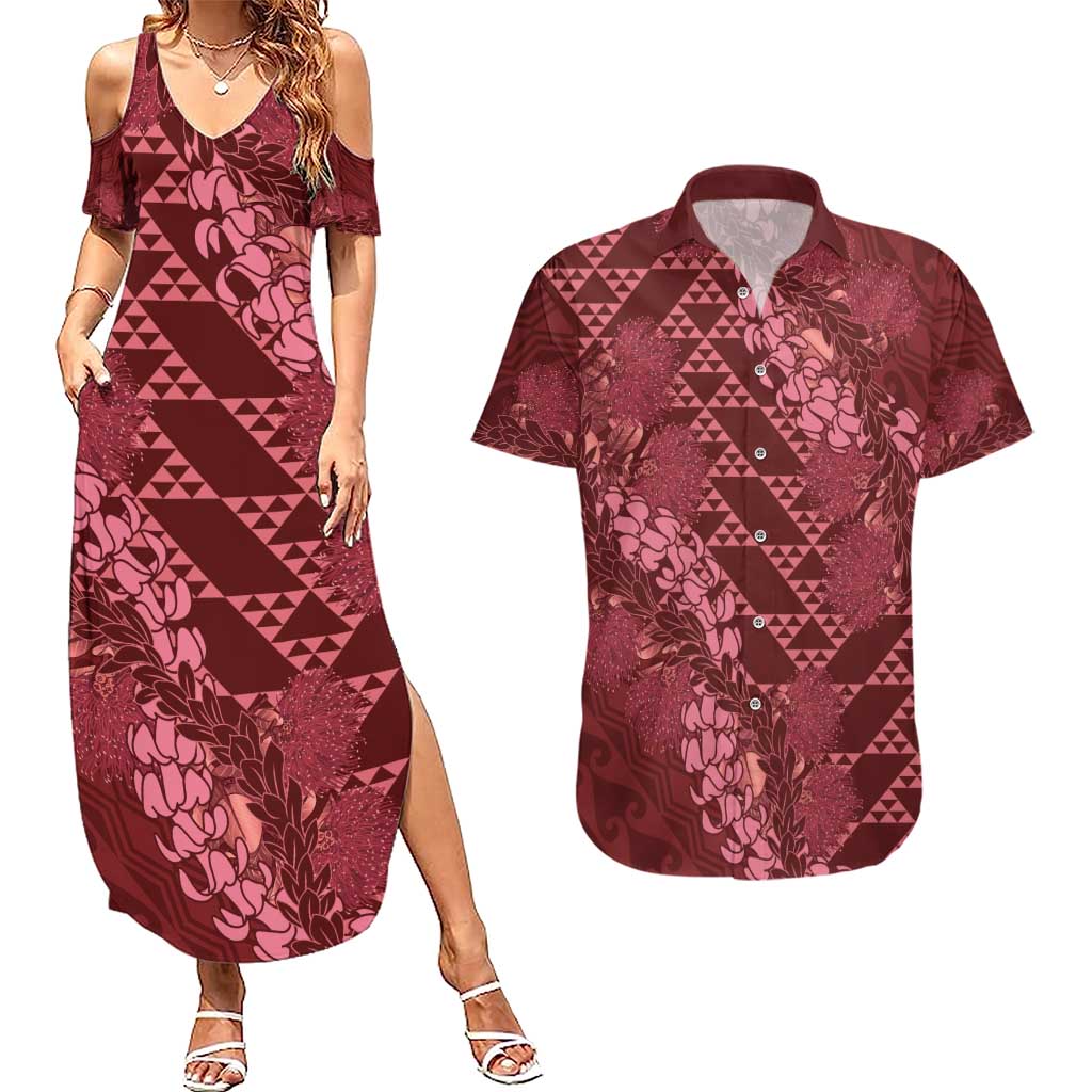 Maroon Aloha Hawaii Couples Matching Summer Maxi Dress and Hawaiian Shirt Hawaiian Kakau Ohia Lehua Lei LT14 Maroon - Polynesian Pride