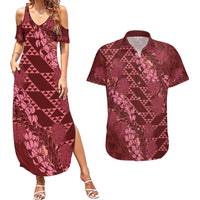 Maroon Aloha Hawaii Couples Matching Summer Maxi Dress and Hawaiian Shirt Hawaiian Kakau Ohia Lehua Lei LT14 Maroon - Polynesian Pride