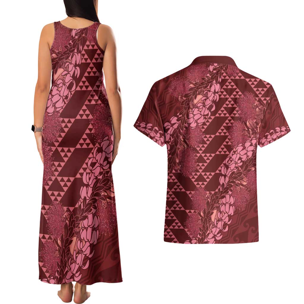 Maroon Aloha Hawaii Couples Matching Tank Maxi Dress and Hawaiian Shirt Hawaiian Kakau Ohia Lehua Lei LT14 - Polynesian Pride
