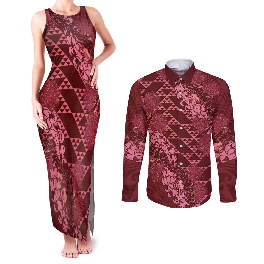 Maroon Aloha Hawaii Couples Matching Tank Maxi Dress and Long Sleeve Button Shirt Hawaiian Kakau Ohia Lehua Lei - Polynesian Pride