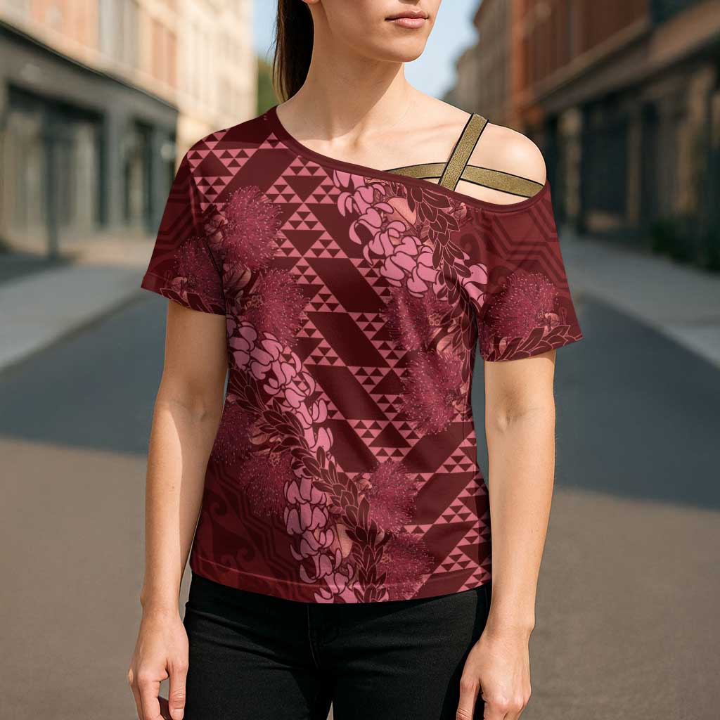 Maroon Aloha Hawaii Cross Shoulder Shirt Hawaiian Kakau Ohia Lehua Lei - Polynesian Pride