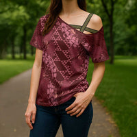 Maroon Aloha Hawaii Cross Shoulder Shirt Hawaiian Kakau Ohia Lehua Lei - Polynesian Pride