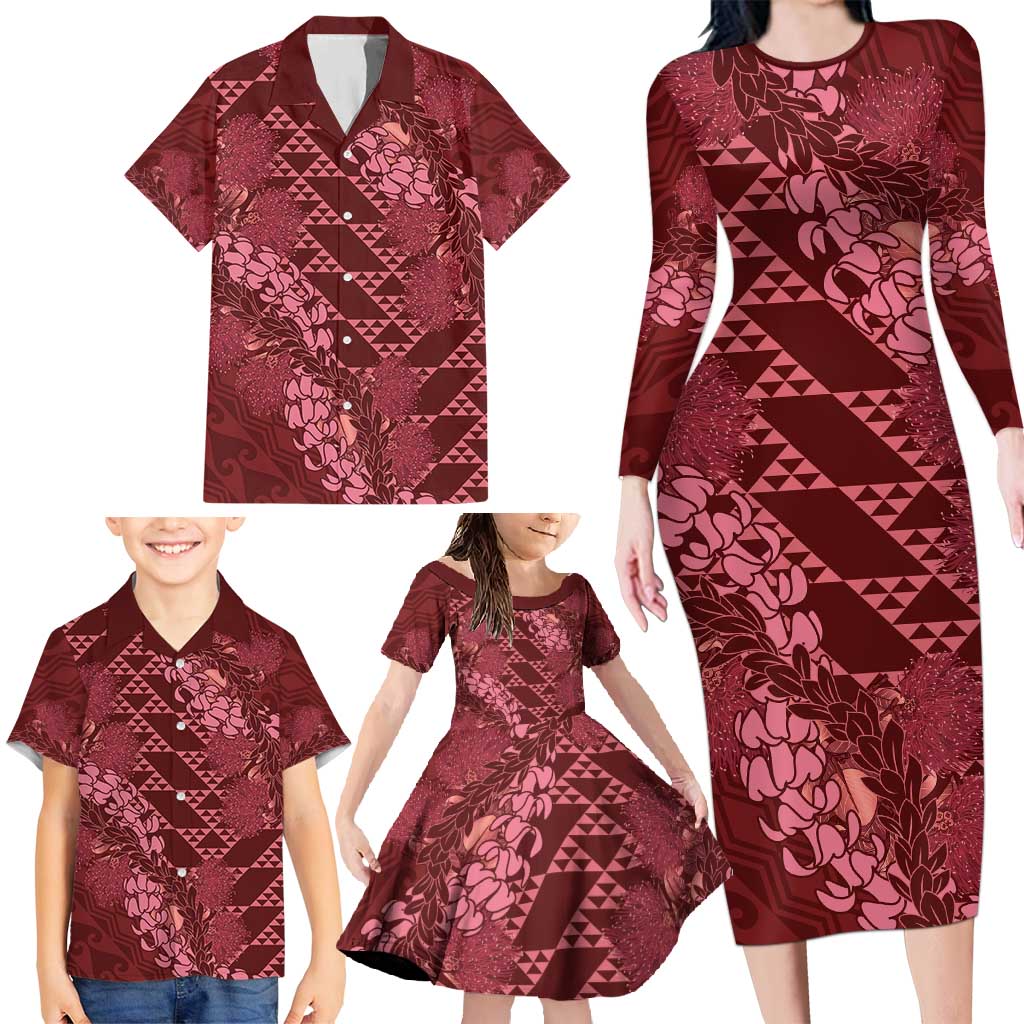 Maroon Aloha Hawaii Family Matching Long Sleeve Bodycon Dress and Hawaiian Shirt Hawaiian Kakau Ohia Lehua Lei LT14 - Polynesian Pride