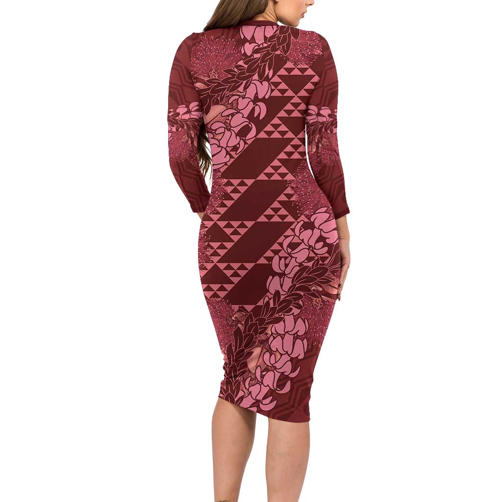 Maroon Aloha Hawaii Family Matching Long Sleeve Bodycon Dress and Hawaiian Shirt Hawaiian Kakau Ohia Lehua Lei LT14 - Polynesian Pride