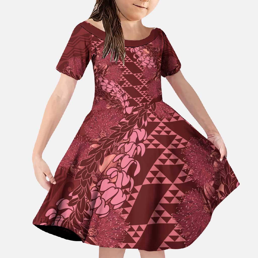 Maroon Aloha Hawaii Family Matching Mermaid Dress and Hawaiian Shirt Hawaiian Kakau Ohia Lehua Lei LT14 Daughter's Dress Maroon - Polynesian Pride