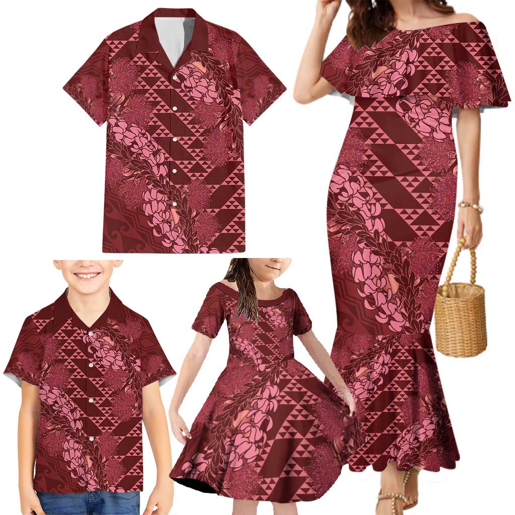 Maroon Aloha Hawaii Family Matching Mermaid Dress and Hawaiian Shirt Hawaiian Kakau Ohia Lehua Lei LT14 - Polynesian Pride