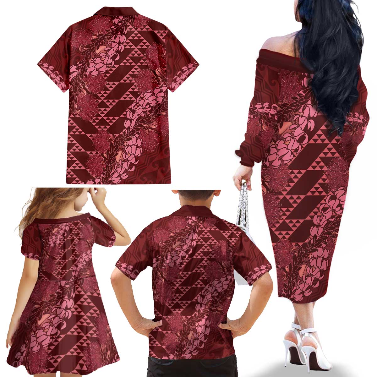 Maroon Aloha Hawaii Family Matching Off The Shoulder Long Sleeve Dress and Hawaiian Shirt Hawaiian Kakau Ohia Lehua Lei LT14 - Polynesian Pride