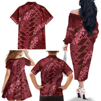 Maroon Aloha Hawaii Family Matching Off The Shoulder Long Sleeve Dress and Hawaiian Shirt Hawaiian Kakau Ohia Lehua Lei LT14 - Polynesian Pride