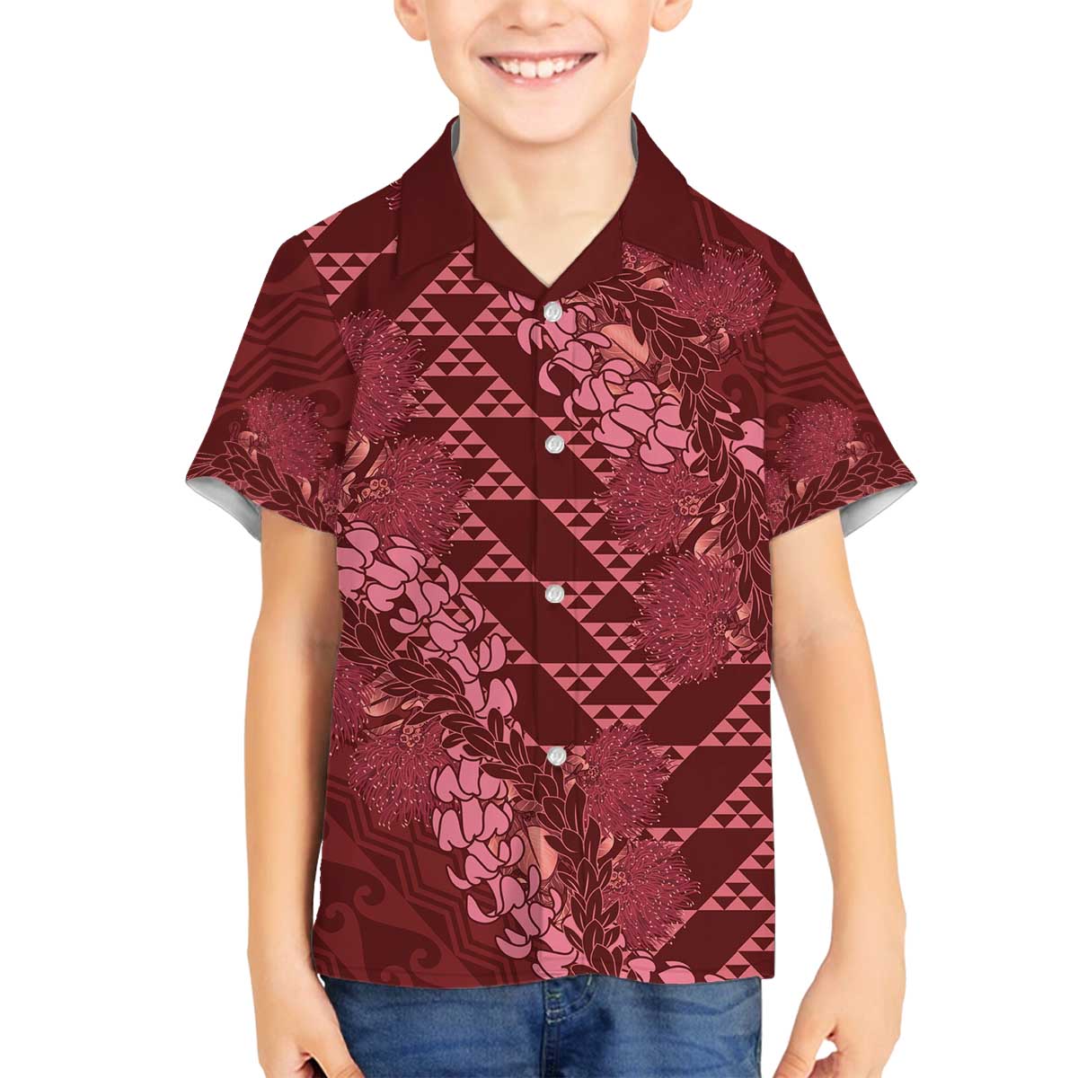 Maroon Aloha Hawaii Family Matching Off The Shoulder Long Sleeve Dress and Hawaiian Shirt Hawaiian Kakau Ohia Lehua Lei LT14 Son's Shirt Maroon - Polynesian Pride
