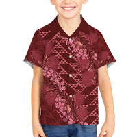 Maroon Aloha Hawaii Family Matching Off The Shoulder Long Sleeve Dress and Hawaiian Shirt Hawaiian Kakau Ohia Lehua Lei LT14 Son's Shirt Maroon - Polynesian Pride