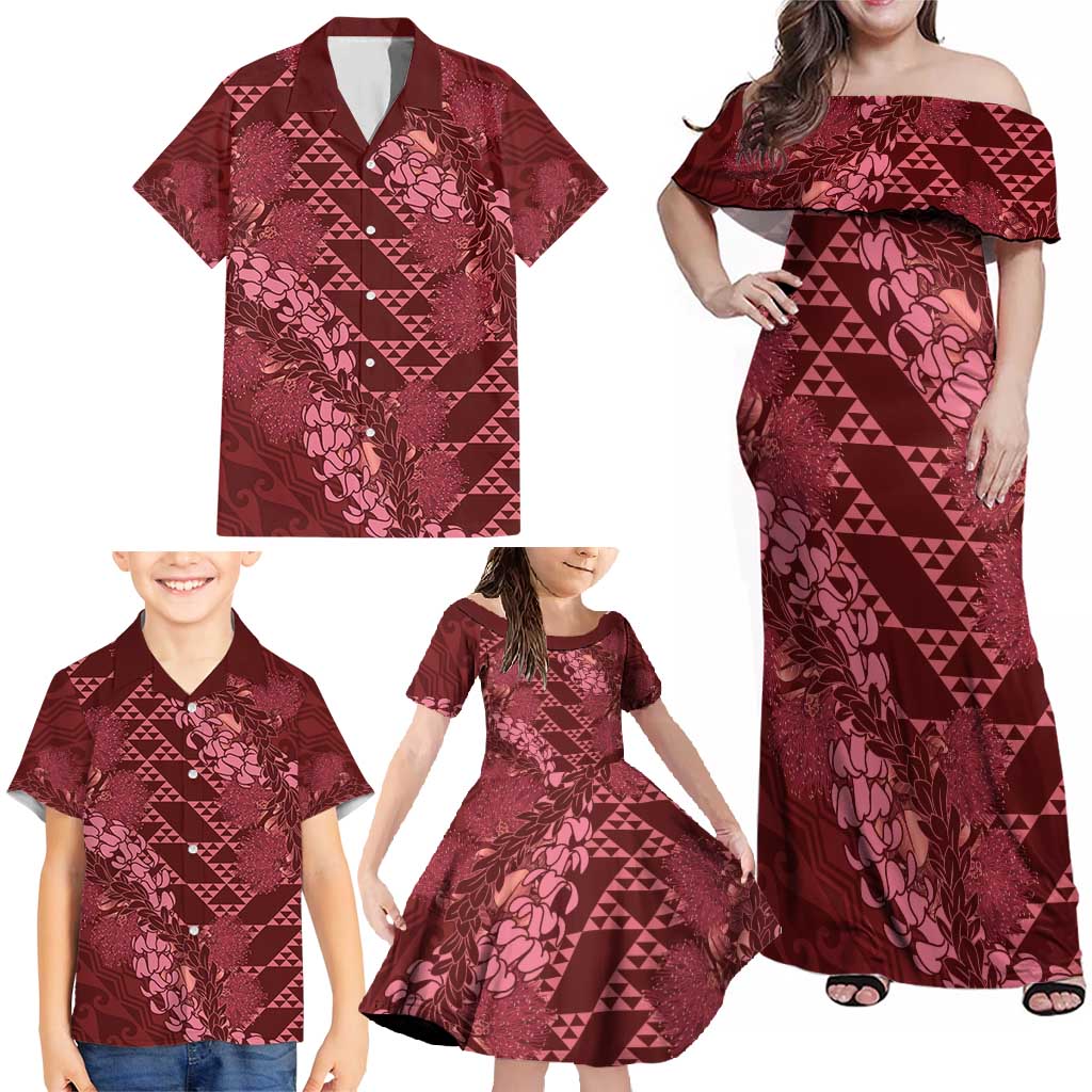 Maroon Aloha Hawaii Family Matching Off Shoulder Maxi Dress and Hawaiian Shirt Hawaiian Kakau Ohia Lehua Lei LT14 - Polynesian Pride