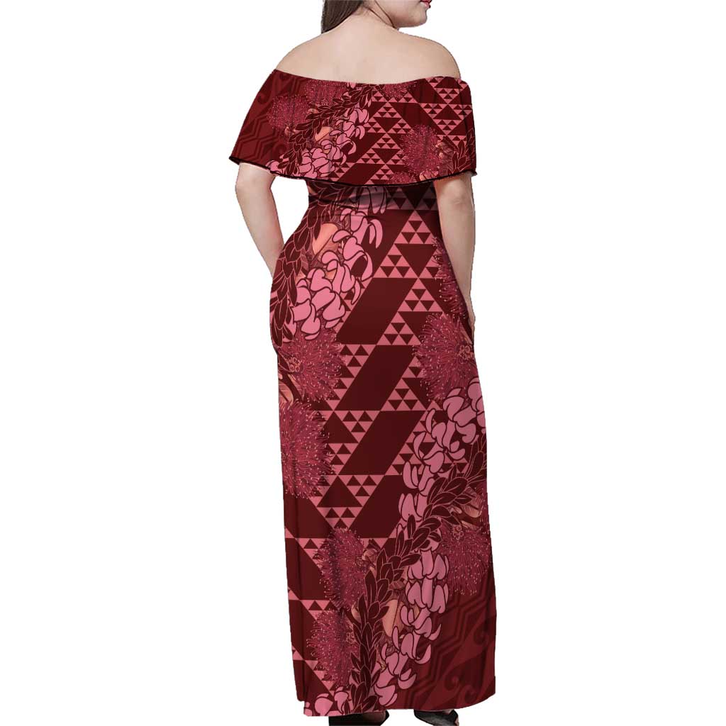 Maroon Aloha Hawaii Family Matching Off Shoulder Maxi Dress and Hawaiian Shirt Hawaiian Kakau Ohia Lehua Lei LT14 - Polynesian Pride