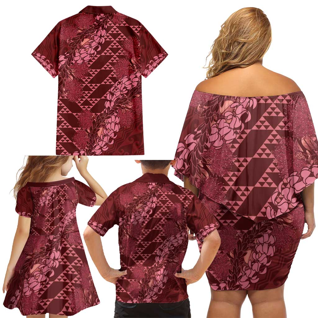 Maroon Aloha Hawaii Family Matching Off Shoulder Short Dress and Hawaiian Shirt Hawaiian Kakau Ohia Lehua Lei LT14 - Polynesian Pride