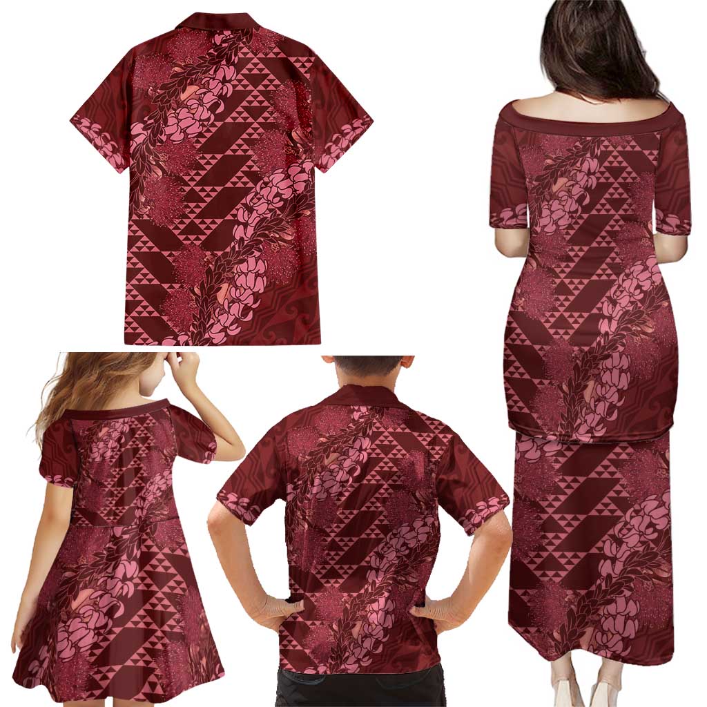 Maroon Aloha Hawaii Family Matching Puletasi and Hawaiian Shirt Hawaiian Kakau Ohia Lehua Lei LT14 - Polynesian Pride
