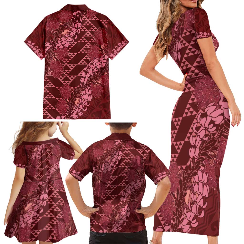 Maroon Aloha Hawaii Family Matching Short Sleeve Bodycon Dress and Hawaiian Shirt Hawaiian Kakau Ohia Lehua Lei LT14 - Polynesian Pride
