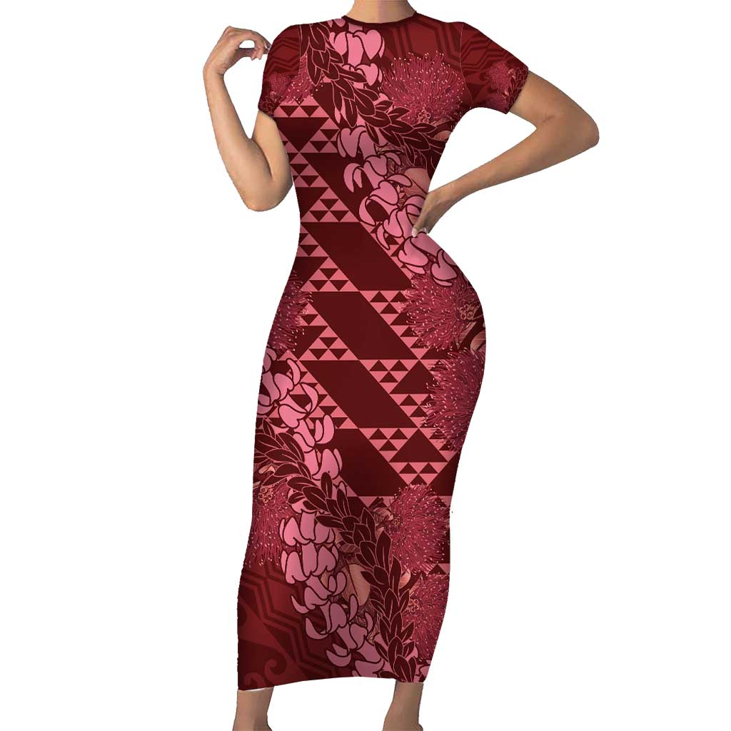 Maroon Aloha Hawaii Family Matching Short Sleeve Bodycon Dress and Hawaiian Shirt Hawaiian Kakau Ohia Lehua Lei LT14 Mom's Dress Maroon - Polynesian Pride