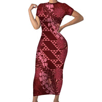 Maroon Aloha Hawaii Family Matching Short Sleeve Bodycon Dress and Hawaiian Shirt Hawaiian Kakau Ohia Lehua Lei LT14 Mom's Dress Maroon - Polynesian Pride