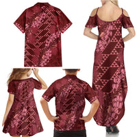 Maroon Aloha Hawaii Family Matching Summer Maxi Dress and Hawaiian Shirt Hawaiian Kakau Ohia Lehua Lei LT14 - Polynesian Pride