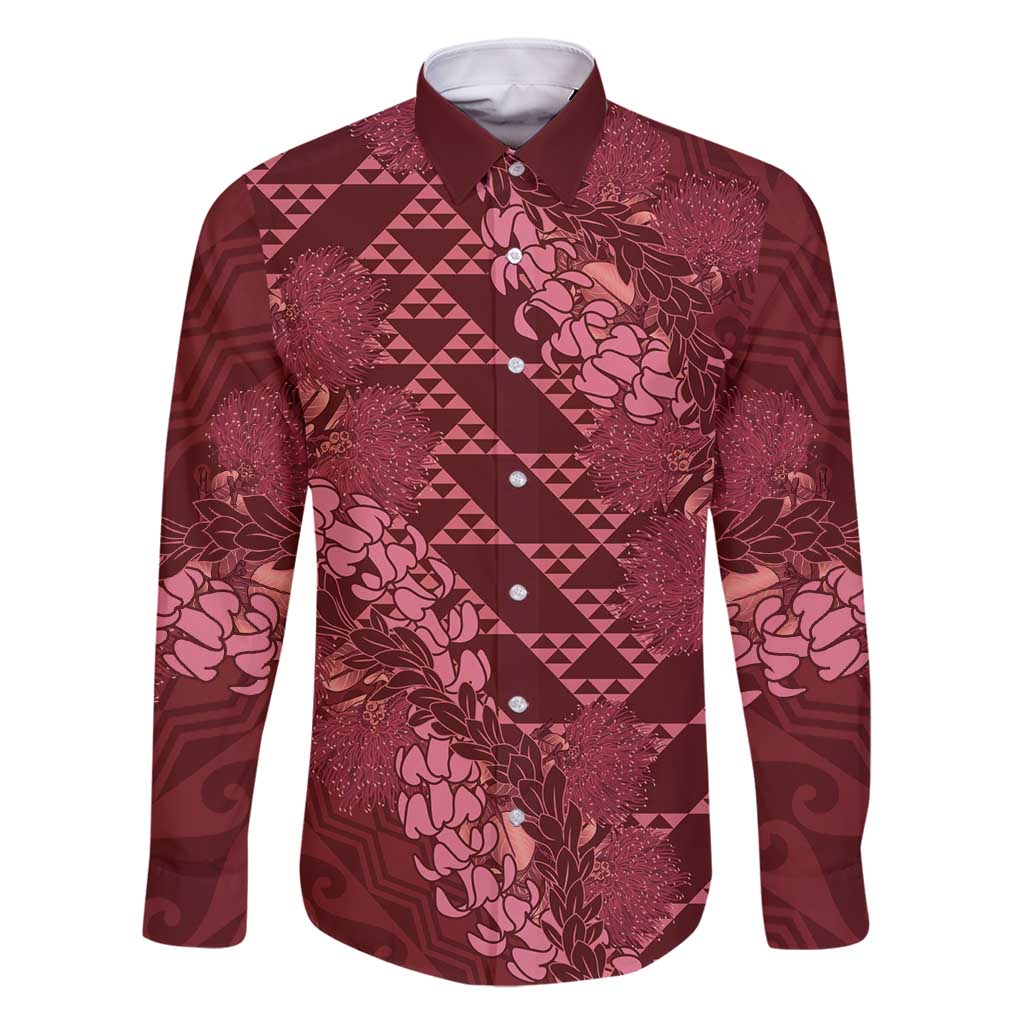 Maroon Aloha Hawaii Family Matching Tank Maxi Dress and Hawaiian Shirt Hawaiian Kakau Ohia Lehua Lei LT14 Dad's Shirt - Long Sleeve Maroon - Polynesian Pride