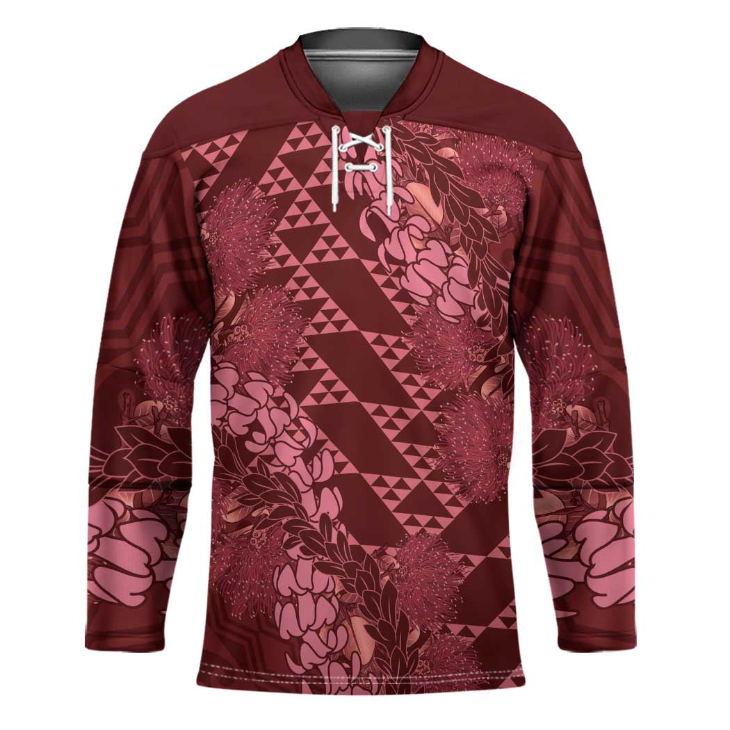 Maroon Aloha Hawaii Hockey Jersey Hawaiian Kakau Ohia Lehua Lei - Polynesian Pride