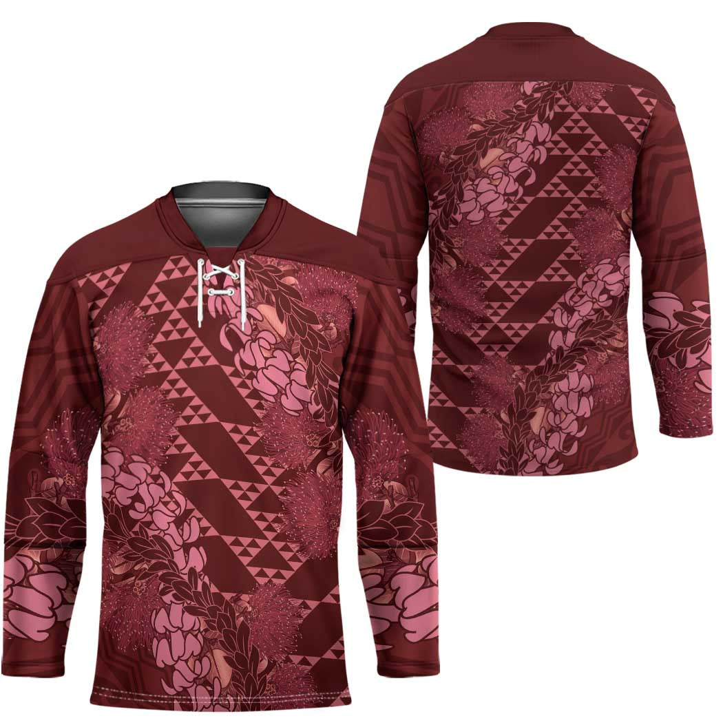 Maroon Aloha Hawaii Hockey Jersey Hawaiian Kakau Ohia Lehua Lei - Polynesian Pride