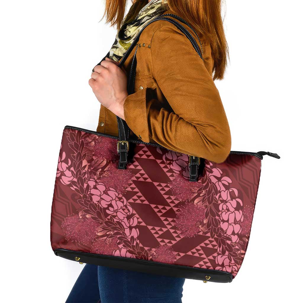 Maroon Aloha Hawaii Leather Tote Bag Hawaiian Kakau Ohia Lehua Lei - Polynesian Pride