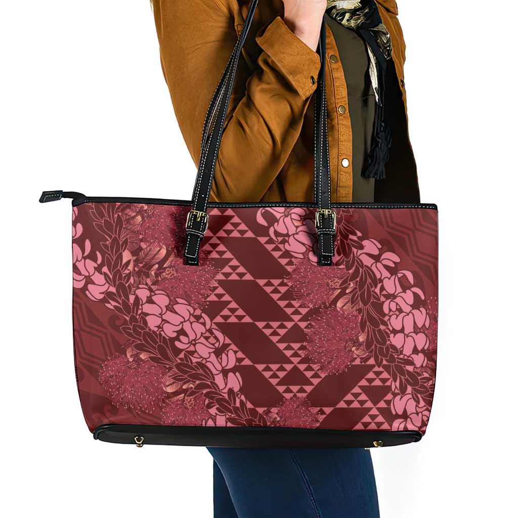 Maroon Aloha Hawaii Leather Tote Bag Hawaiian Kakau Ohia Lehua Lei - Polynesian Pride