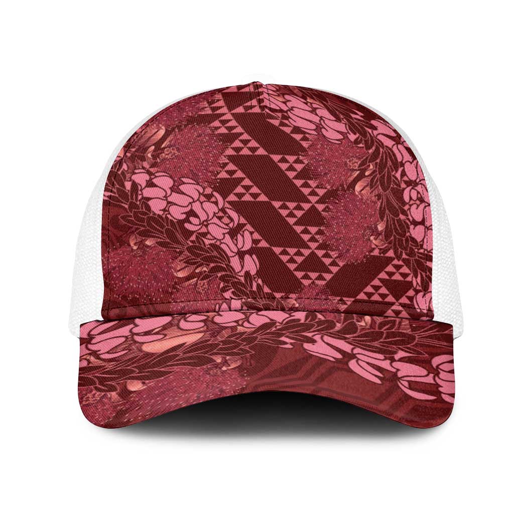 Maroon Aloha Hawaii Mesh Trucker Cap Hawaiian Kakau Ohia Lehua Lei - Polynesian Pride