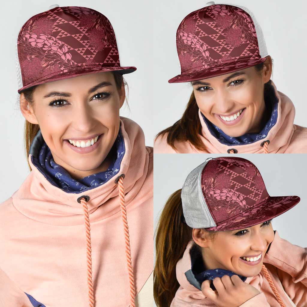 Maroon Aloha Hawaii Mesh Trucker Cap Hawaiian Kakau Ohia Lehua Lei - Polynesian Pride