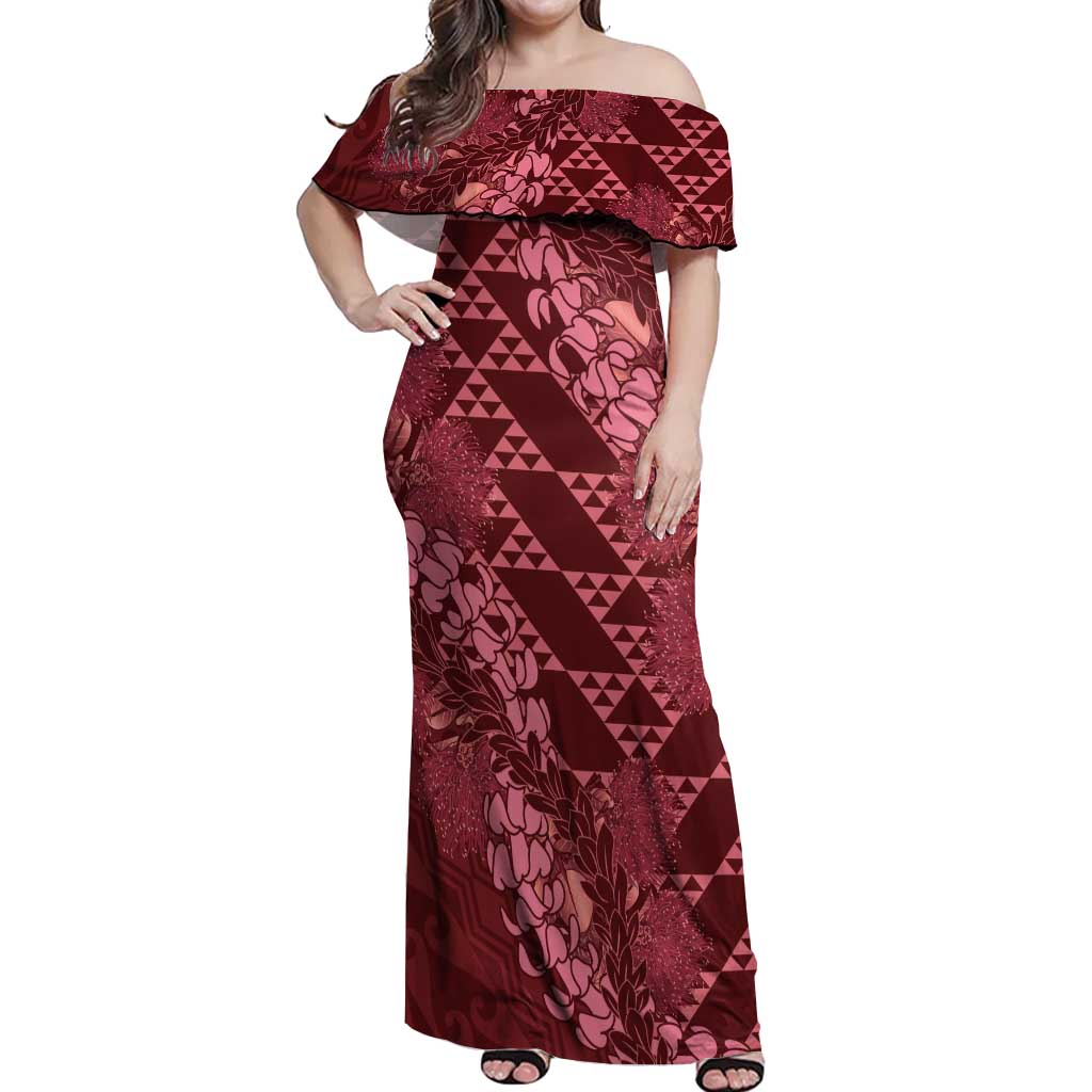 Maroon Aloha Hawaii Off Shoulder Maxi Dress Hawaiian Kakau Ohia Lehua Lei - Polynesian Pride
