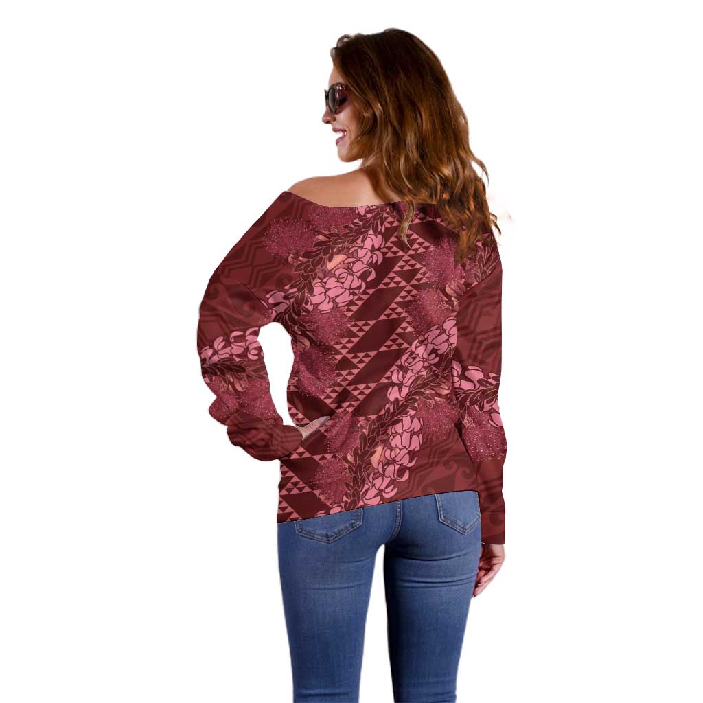 Maroon Aloha Hawaii Off Shoulder Sweater Hawaiian Kakau Ohia Lehua Lei - Polynesian Pride