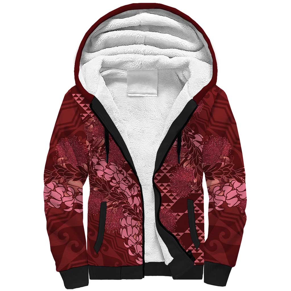Maroon Aloha Hawaii Sherpa Hoodie Hawaiian Kakau Ohia Lehua Lei - Polynesian Pride
