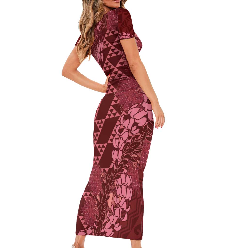 Maroon Aloha Hawaii Short Sleeve Bodycon Dress Hawaiian Kakau Ohia Lehua Lei - Polynesian Pride