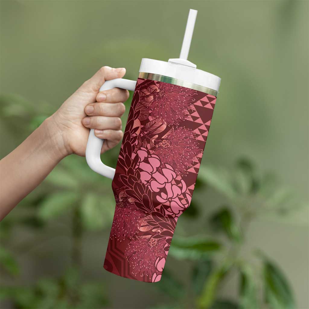 Maroon Aloha Hawaii Tumbler With Handle Hawaiian Kakau Ohia Lehua Lei - Polynesian Pride