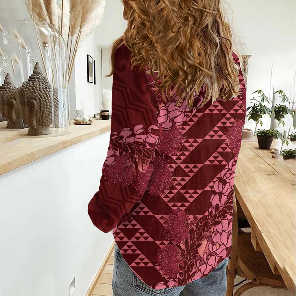 Maroon Aloha Hawaii Women Casual Shirt Hawaiian Kakau Ohia Lehua Lei - Polynesian Pride