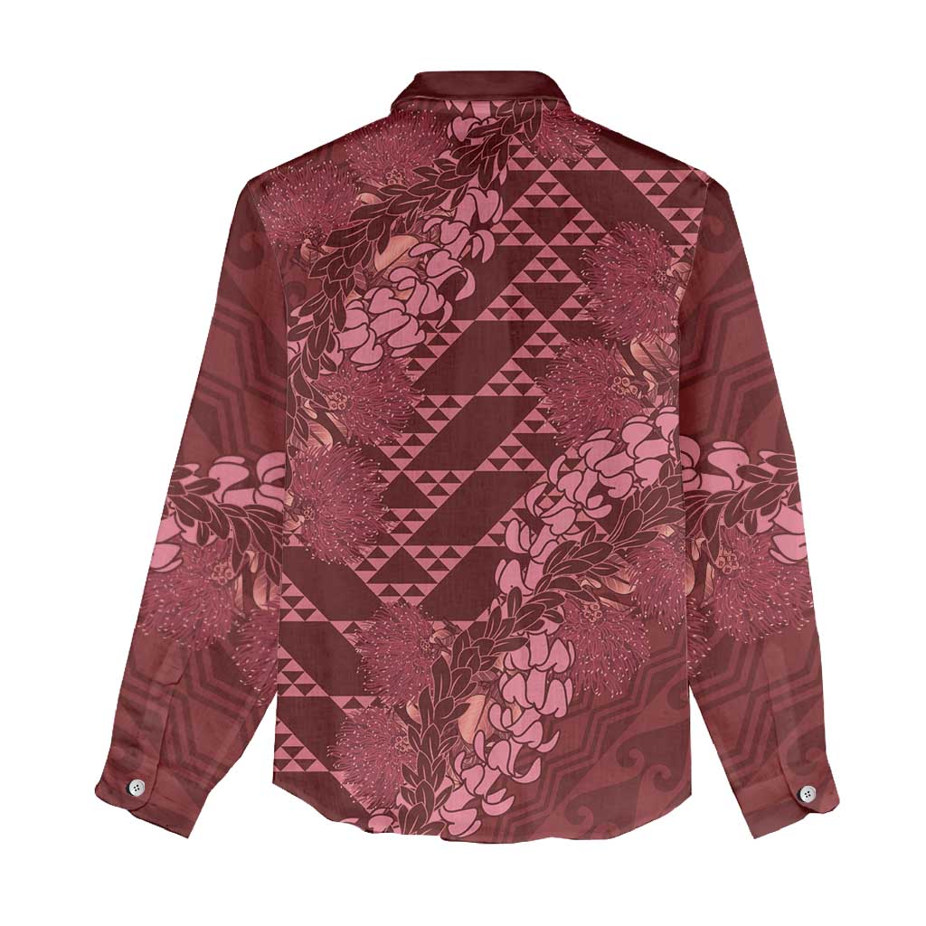 Maroon Aloha Hawaii Women Casual Shirt Hawaiian Kakau Ohia Lehua Lei - Polynesian Pride