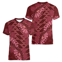 Maroon Aloha Hawaii Women V-Neck T-Shirt Hawaiian Kakau Ohia Lehua Lei - Polynesian Pride