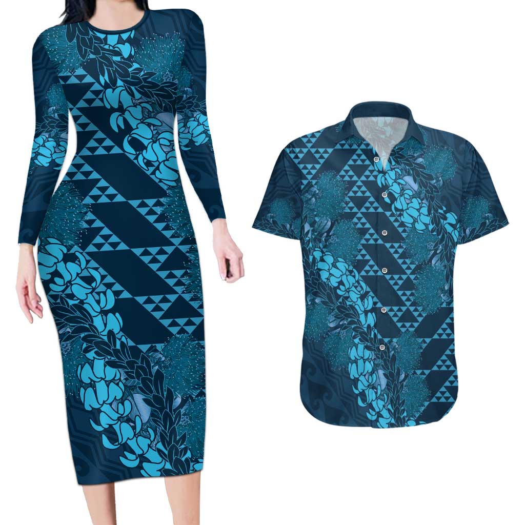 Naval Night Aloha Hawaii Couples Matching Long Sleeve Bodycon Dress and Hawaiian Shirt Hawaiian Kakau Ohia Lehua Lei LT14 Blue - Polynesian Pride