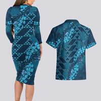 Naval Night Aloha Hawaii Couples Matching Long Sleeve Bodycon Dress and Hawaiian Shirt Hawaiian Kakau Ohia Lehua Lei LT14 - Polynesian Pride