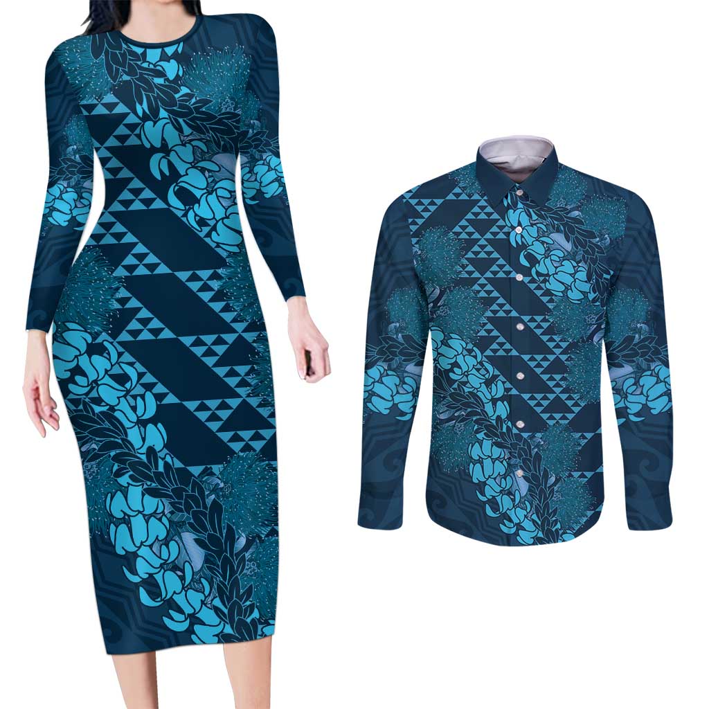 Naval Night Aloha Hawaii Couples Matching Long Sleeve Bodycon Dress and Long Sleeve Button Shirt Hawaiian Kakau Ohia Lehua Lei LT14 Blue - Polynesian Pride